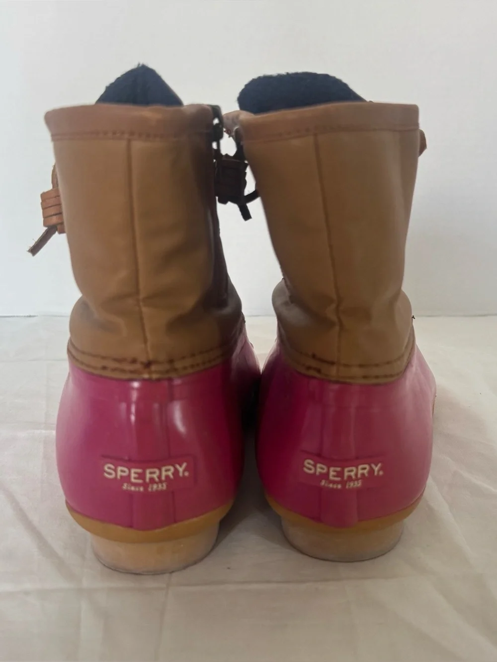 Sperry Pink Rubber & Tan Leather Duck Boots